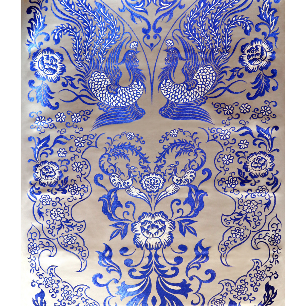 Blue on Silver Double Phoenix Design Brocade Fabric