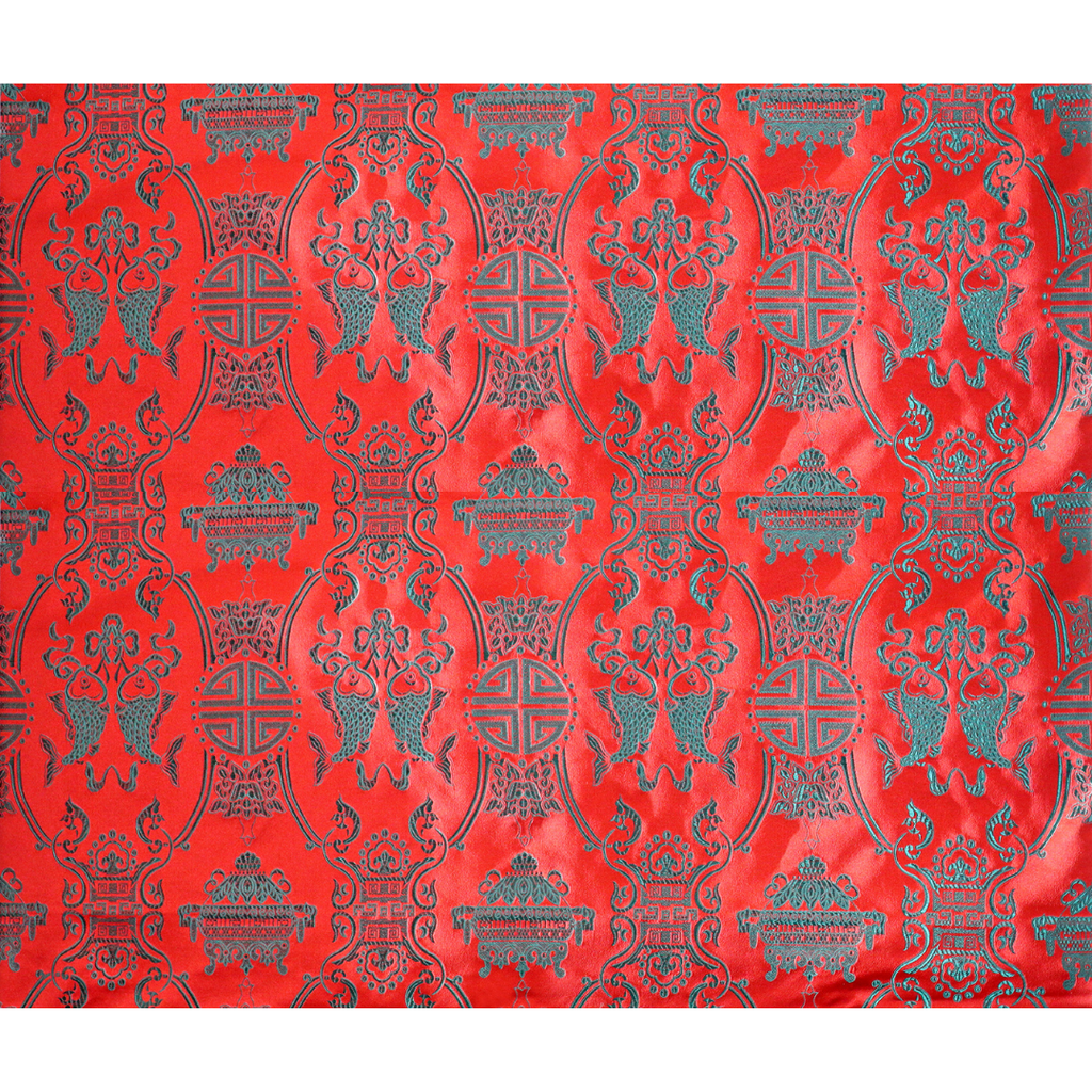 Double Fish Brocade Fabric - Green on Red