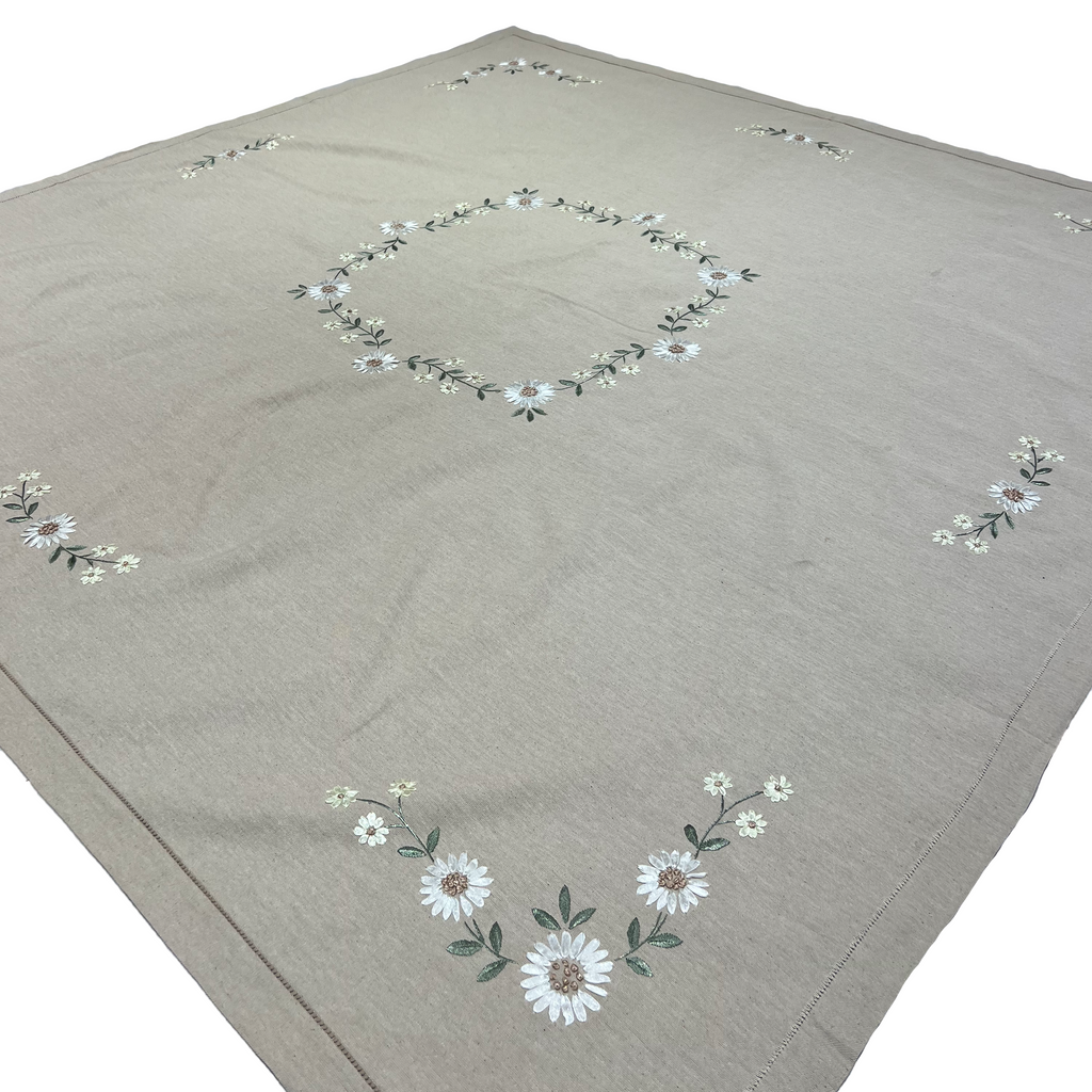 Embroidered Linen Table Cloth - Ribbon Floral on Flax