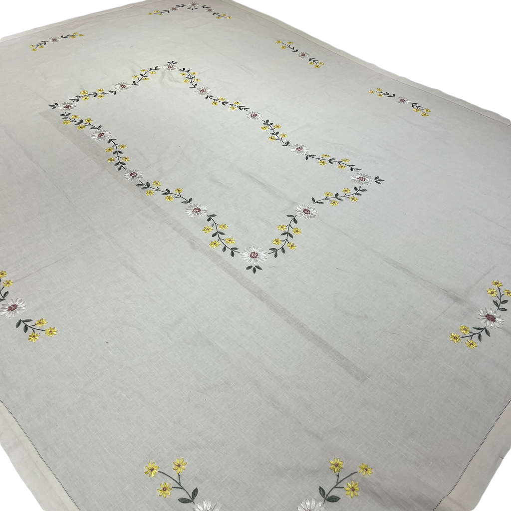 Embroidered Linen Tablecloth - Ribbon Floral on White