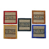 Five Thai-style woven coasters with edging in red, gold, black, bronze,and blue