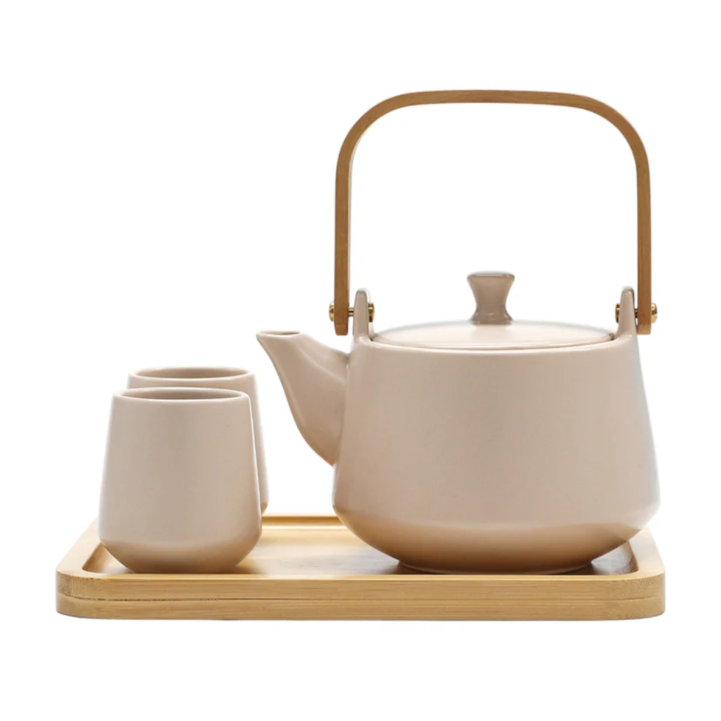 Matte Glazed Tea Set with Tea Pot, 2 Cups, and Wooden Tray - Beige
