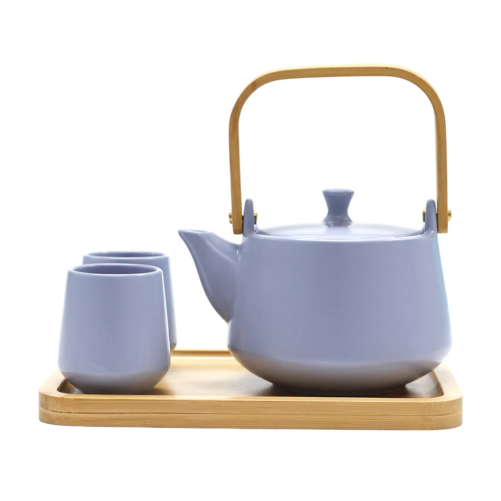 Matte Glazed Tea Set with Tea Pot, 2 Cups, and Wooden Tray - Blue