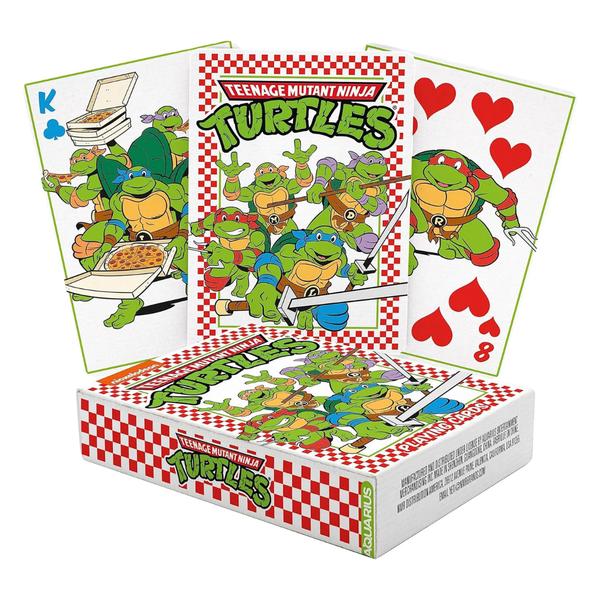 Box of Teenage Mutant Ninja Turtles playing cards with character illustrations on a white background