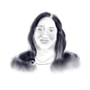 Black and white line drawing of a person with long hair on a white background