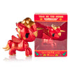 Red and gold unicorn figurine with packaging on a white background
