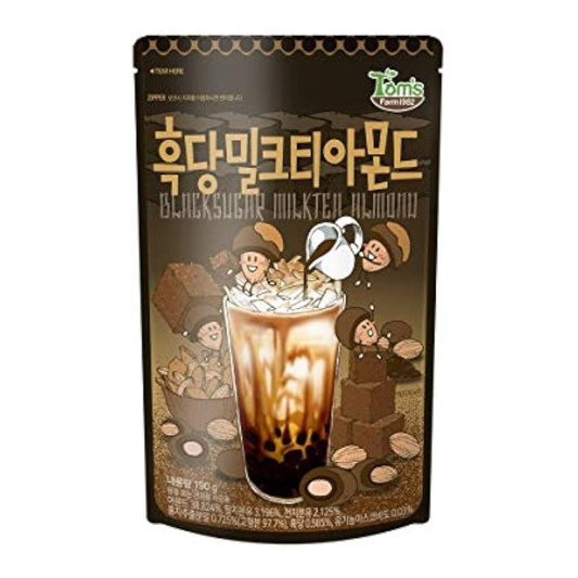 Packaging of Tom's Black Sugar Milk Tea Almonds on a white background