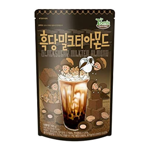 Packaging of Tom's Black Sugar Milk Tea Almonds on a white background