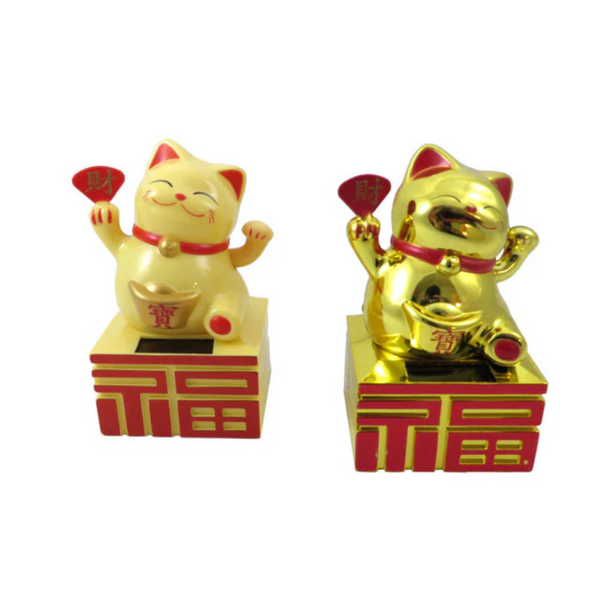 Solar Powered Hand Motion Lucky Cat on Fortune - 4.75" Beige and Gold