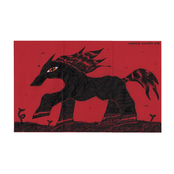 Black horse with a fiery mane on a red background