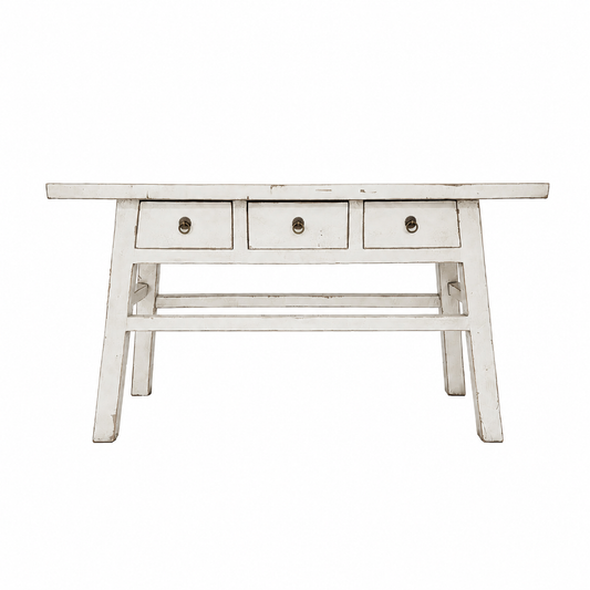 Wooden table with three drawers on a white background