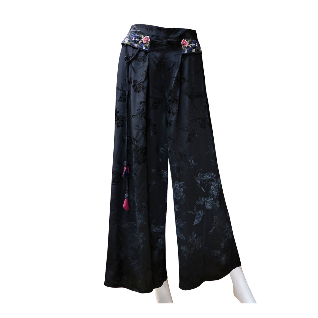 Lightweight Wide-Leg Pants with Embroidered Floral Waist - Onyx