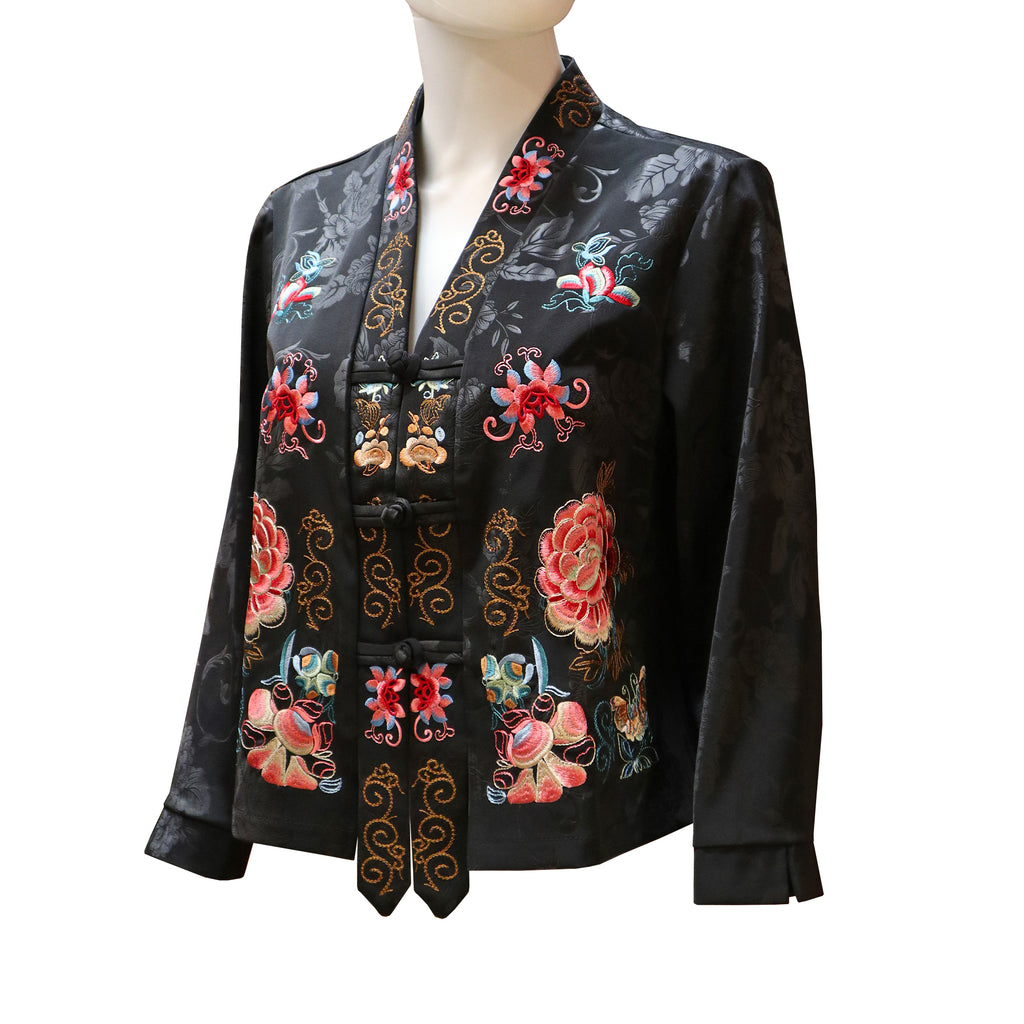 Embroidered Kimono Jacket with Floral Design - Onyx