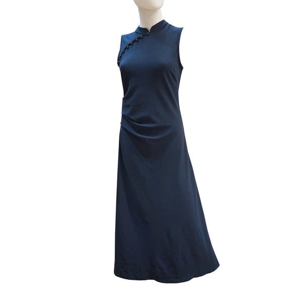 Ruched Maxi Qipao - Navy Blue