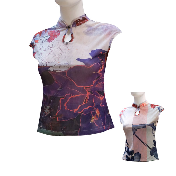 Reversible Cap Sleeve Qipao Top with Keyhole Neckline - Blossoms