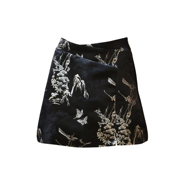 Mini Skirt with Floral Brocade Design - Onyx