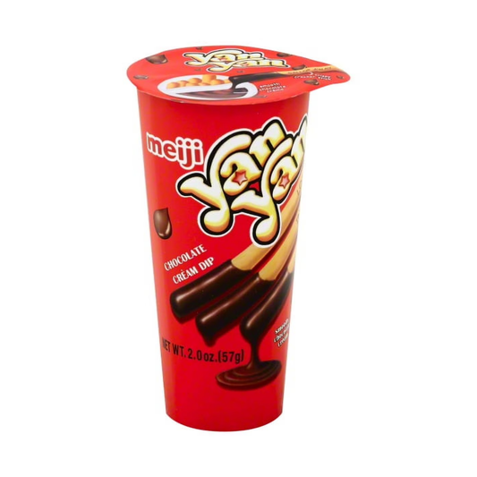 Red packaging of Meiji Yam Yam chocolate cream dip on a white background