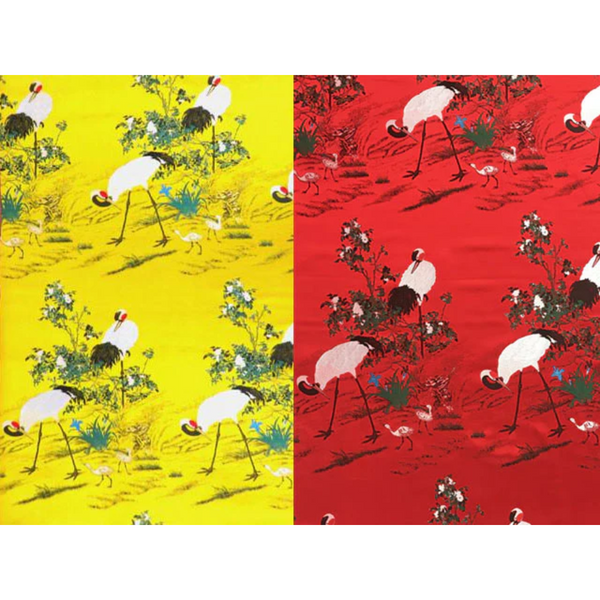 Cranes in Garden Field Design Brocade Fabric. Yellow and Red color designs are side by side.