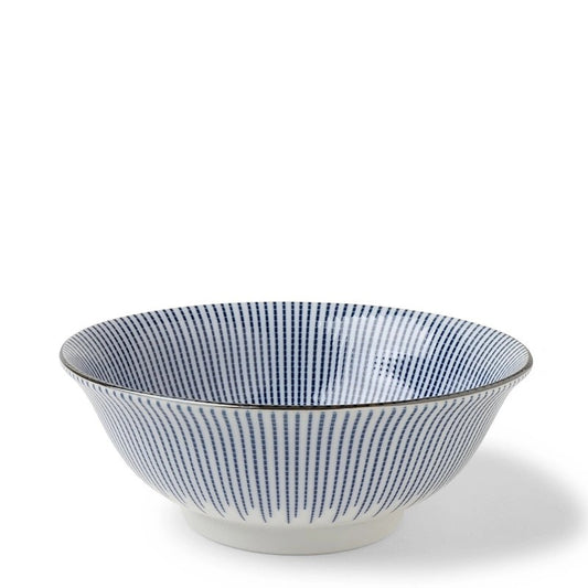 A ceramic bowl with a blue geometric pattern