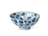 A modern white rice bowl with a Karasuka vine of blue flowers