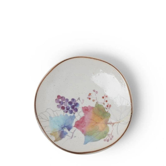 This small plate features a watercolor-style grape motif