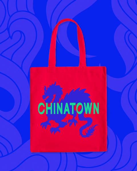 Red tote bag with blue dragon and "Chinatown" in green