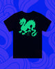 Back of black T-shirt with green dragon design 