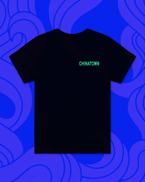Front of black T-shirt that says "Chinatown"