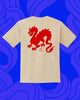 Back of white T-shirt with red dragon design 