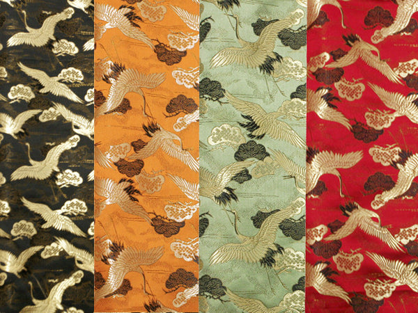 Golden Crane Design Silk Rayon Brocade. From left to right: black, orange, sage, and red. Only black and red are available