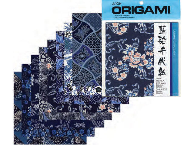 Aizome Chiyogami - Indigo Floral  Pattern Origami Paper - 6" x 6"