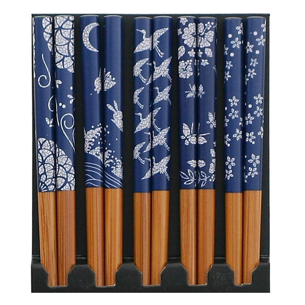 Five pairs of blue and white chopsticks packaged in a cellophane bag