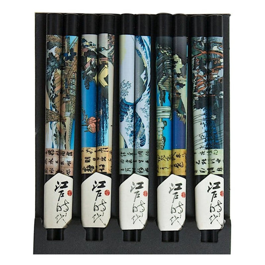 A set of five decorative chopsticks featuring traditional Japanese-style landscape and wave illustrations with calligraphy on white handles.