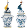 Blue and white Chinoiserie ginger jar ornaments made of glass. Crane with leaves pattern on the left and floral fir pattern on the right.