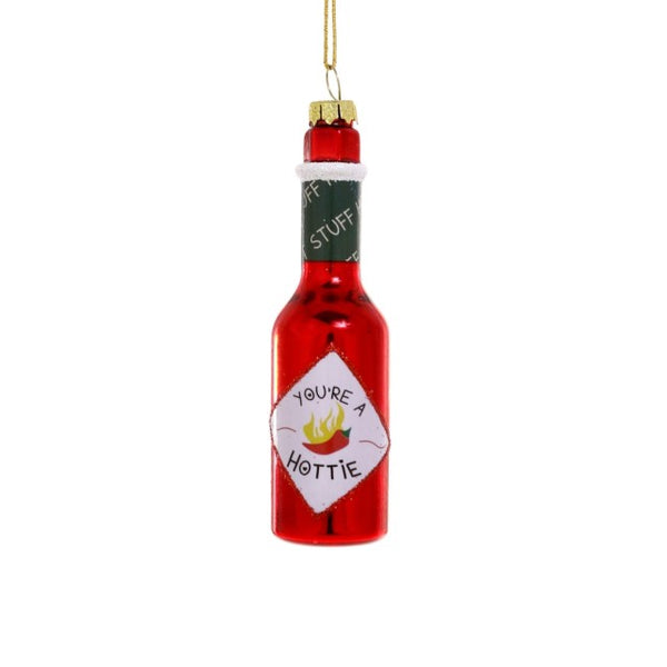 Hot Stuff Glass Ornament. Flaming hot pepper in the middle with the text, "You're a hottie"