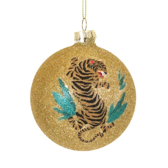 Gold Glittered Tiger Bauble Glass Ornament