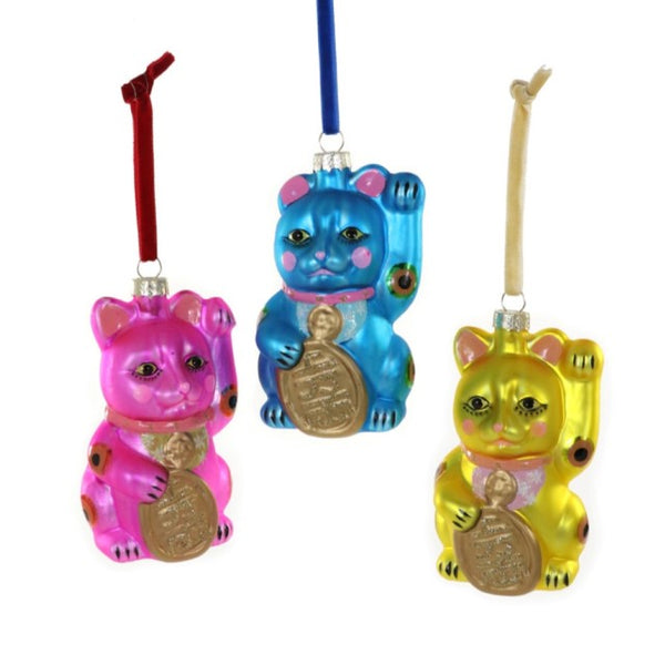Colorful Lucky Cat Glass Ornament in pink, blue, and yellow