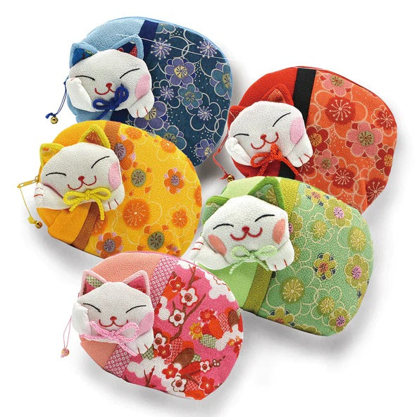 Lucky Cat Coin Purse in 5 assorted floral styles and colors: blue, red orange, yellow, green, and pink