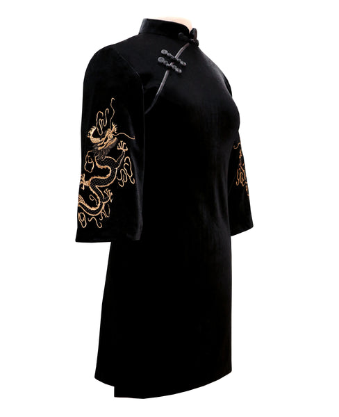 Black Dragon Velvet Qipao with gold dragon design on sleeves