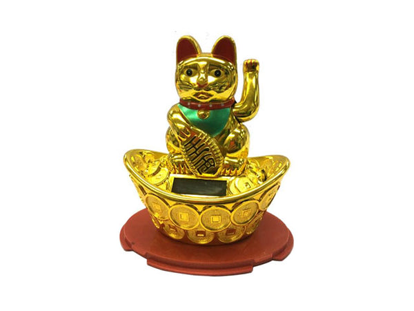 Solar Powered Hand Motion Lucky Cat on Ingot / Red Tray