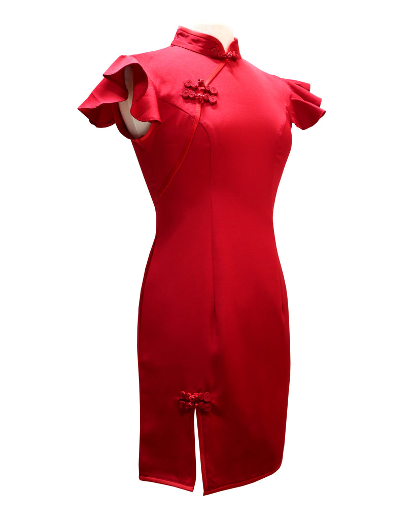 Flutter Sleeves Fitted Qipao w Front Slit - Lucky Red