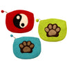 Felt Pouch with Zipper Rounded Shape in 3 designs and colors: red yin yang, yellow green paw print, turquoise paw print