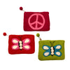 Felt Pouch with Zipper Rectangular Shape in 3 designs and colors: red peace sign, red butterfly, and green butterfly