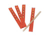 4 nine inch long disposable bamboo chopsticks in red sleeves. A pair of chopsticks have been removed from their red sleeve
