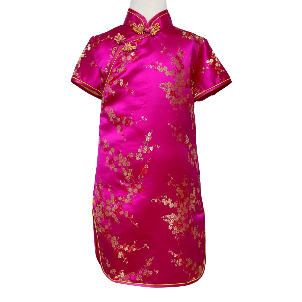 Fuchsia Blossom Short Sleeve Brocade Girls Dress