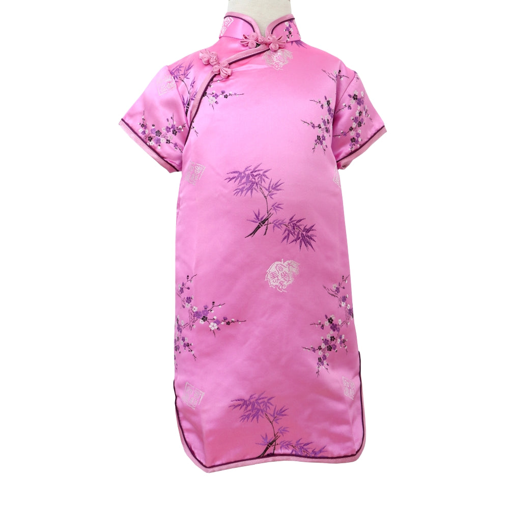 Pink Bamboo Floral Short Sleeve Brocade Girls Dress