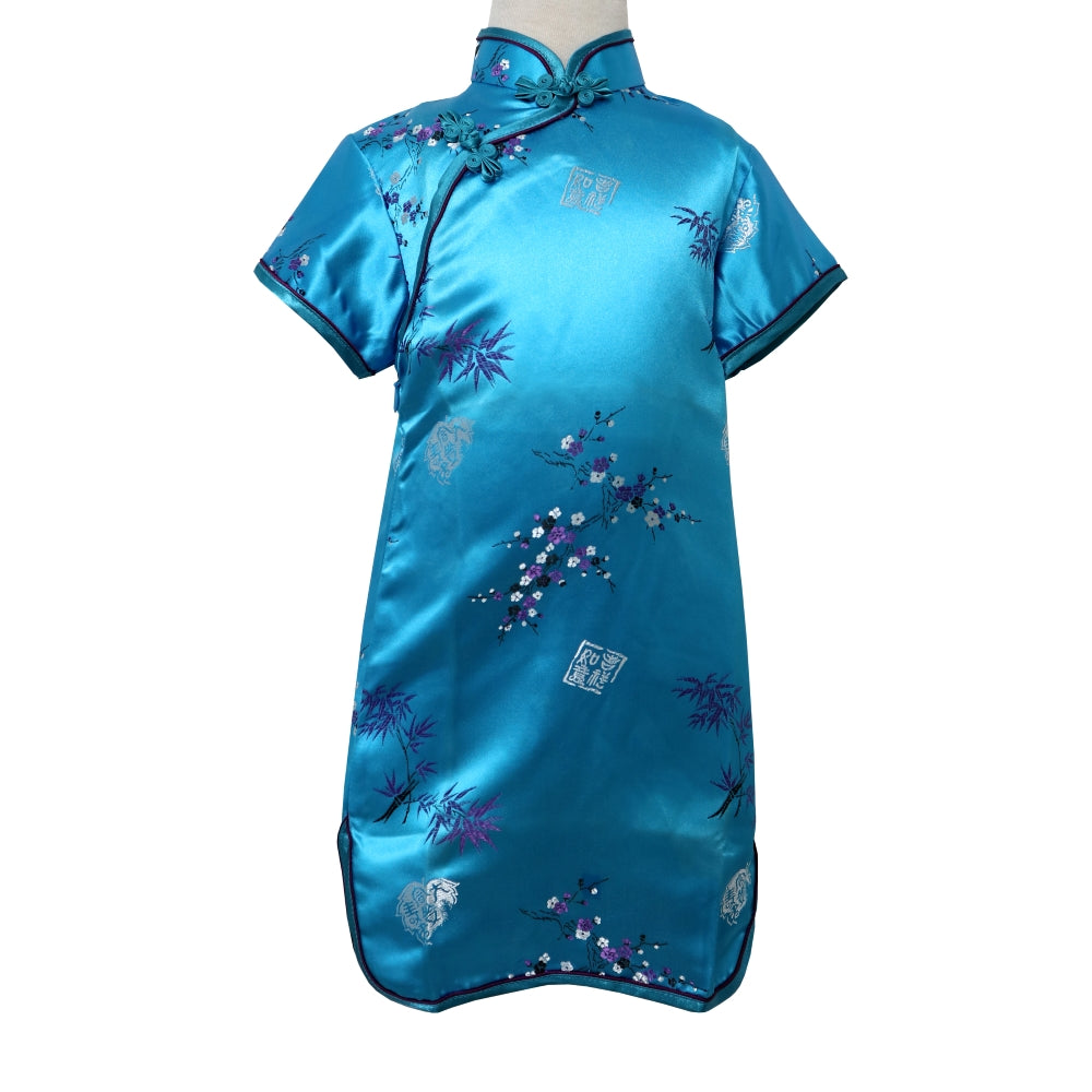 Turquoise Bamboo Floral Short Sleeve Brocade Girls Dress