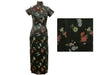 Front view of Black short-sleeved Brocade Mandarin Dress-Ankle Length with multi-colored blossoms