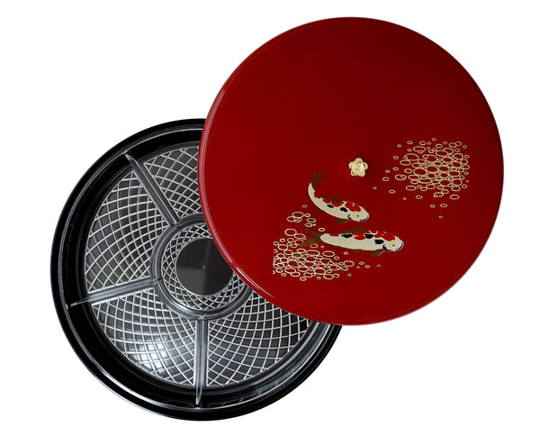 Red togetherness tray with 2 koifish design on lid.