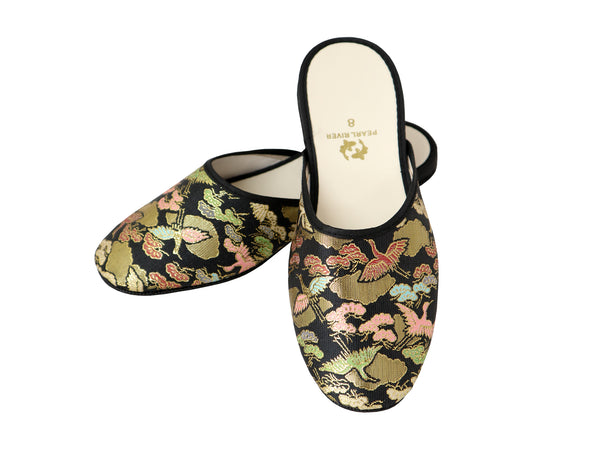 Golden crane brocade slippers (black)